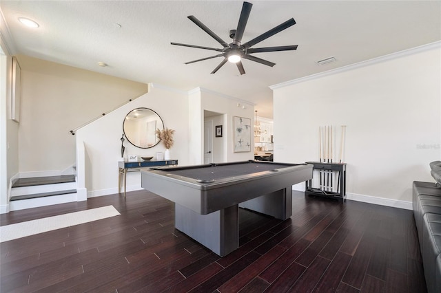 152 Riggings Way, Clermont, FL 34711 - playroom with ceiling fan, dark wood-style flooring, billiards table, baseboards, and ornamental molding