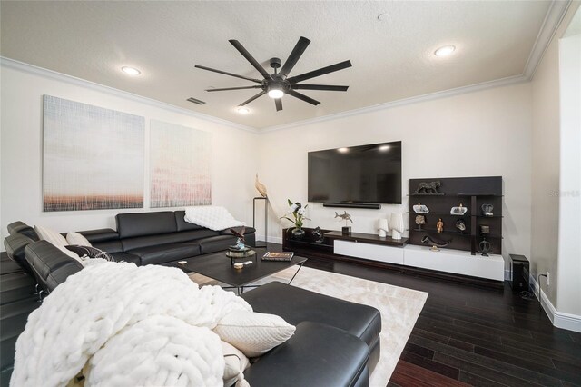 152 Riggings Way, Clermont, FL 34711 - living area featuring a ceiling fan, crown molding, baseboards, dark wood-style flooring, and recessed lighting