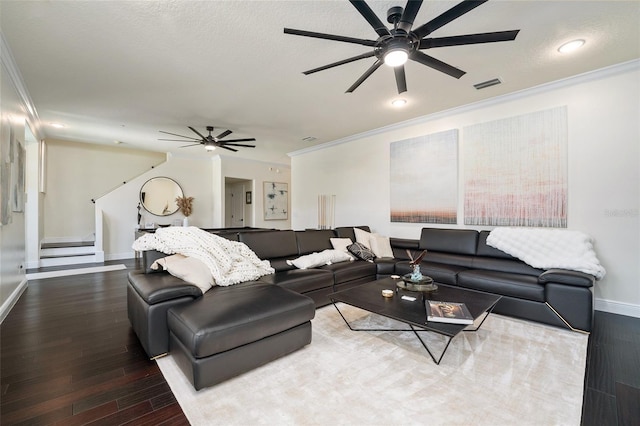 152 Riggings Way, Clermont, FL 34711 - living room featuring ceiling fan, ornamental molding, wood finished floors, baseboards, and stairway