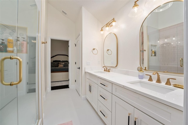 152 Riggings Way, Clermont, FL 34711 - full bathroom featuring double vanity, a shower stall, and vaulted ceiling