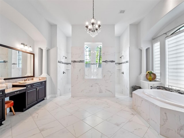 4071 Isabella Cir, Windermere, FL 34786 - full bathroom featuring marble finish flooring, vanity, a garden tub, a marble finish shower, and a chandelier