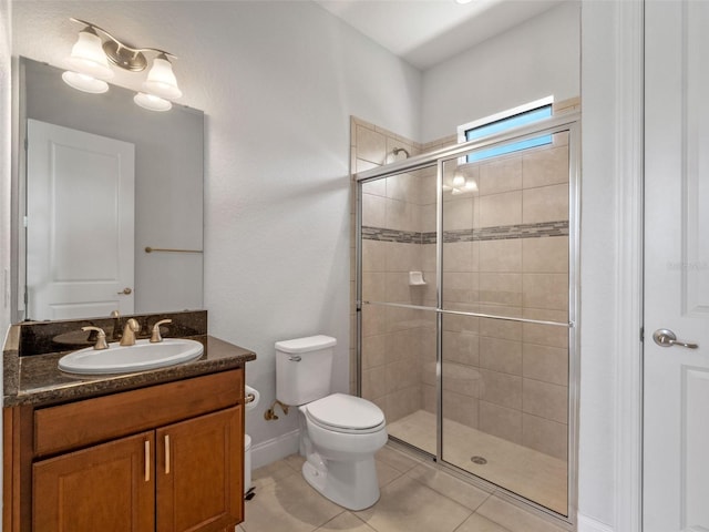 4071 Isabella Cir, Windermere, FL 34786 - bathroom featuring toilet, a shower stall, vanity, baseboards, and tile patterned flooring