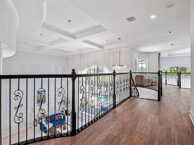 4071 Isabella Cir, Windermere, FL 34786 - corridor featuring beam ceiling, wood finished floors, coffered ceiling, recessed lighting, and decorative columns