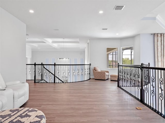 4071 Isabella Cir, Windermere, FL 34786 - hall with wood finished floors, recessed lighting, an upstairs landing, coffered ceiling, and beamed ceiling