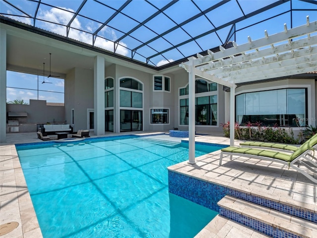 4071 Isabella Cir, Windermere, FL 34786 - outdoor pool featuring a patio, an outdoor hangout area, a pergola, a lanai, and a ceiling fan