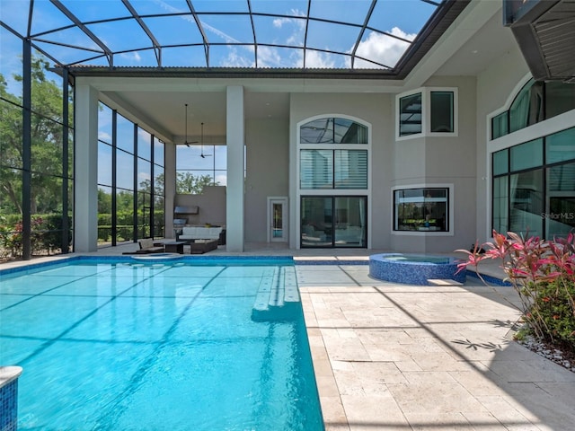 4071 Isabella Cir, Windermere, FL 34786 - outdoor pool featuring a patio, an outdoor hangout area, an in-ground hot tub, and glass enclosure