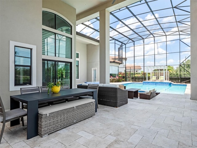 4071 Isabella Cir, Windermere, FL 34786 - view of patio with an outdoor pool, glass enclosure, outdoor dining space, and an outdoor hangout area