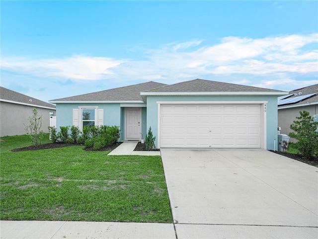 440 Patricia Alford Dr, Haines City, FL 33844 - ranch-style house with stucco siding, an attached garage, a front lawn, driveway, and a shingled roof
