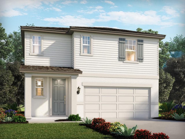 1855 Brekey Way, Zephyrhills, FL 33541 - traditional-style home featuring a garage, driveway, stucco siding, and a front yard