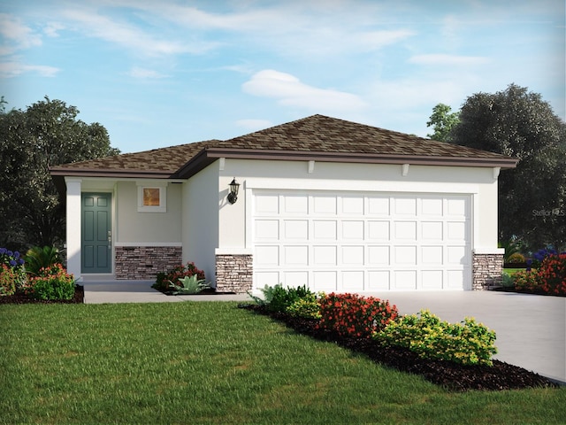 1828 Brekey Way, Zephyrhills, FL 33541 - view of front of home with stone siding, concrete driveway, a garage, stucco siding, and a front yard