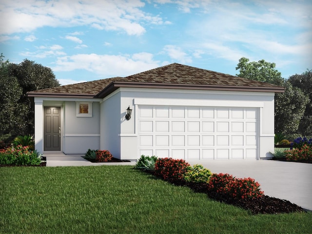 1847 Brekey Way, Zephyrhills, FL 33541 - ranch-style house with driveway, a front lawn, a garage, stucco siding, and a shingled roof
