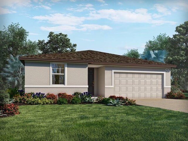 1336 Oak Valley Dr, Auburndale, FL 33823 - ranch-style home with stucco siding, driveway, a front lawn, and an attached garage