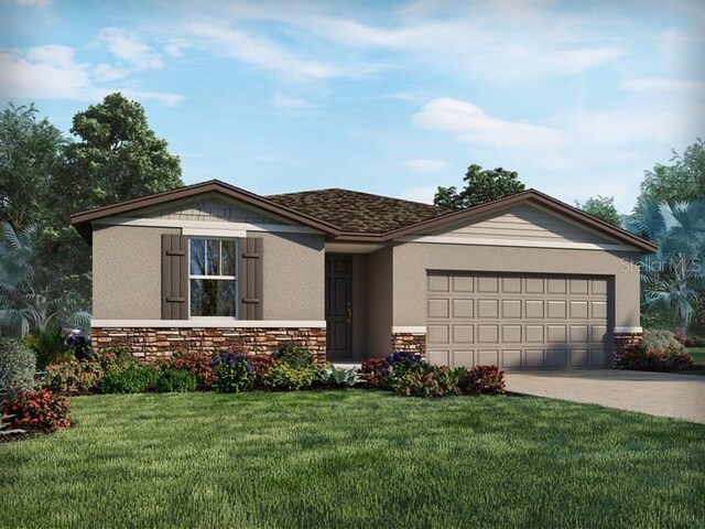 1360 Oak Valley Dr, Auburndale, FL 33823 - single story home with a garage, stone siding, a front lawn, concrete driveway, and stucco siding