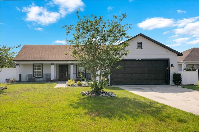 2406 Placid Way, Kissimmee, FL 34758 - ranch-style home with stucco siding, an attached garage, concrete driveway, a shingled roof, and covered porch