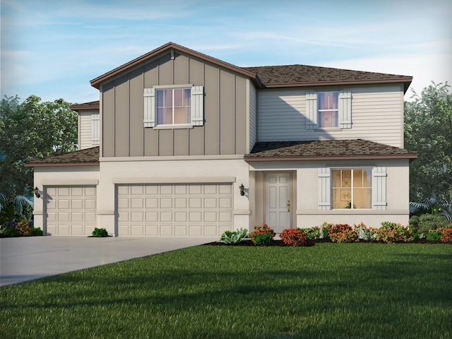 13827 Richland Gulf Cir, Parrish, FL 34219 - view of front of property with a garage, a front lawn, board and batten siding, driveway, and roof with shingles
