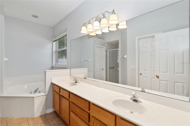 2280 Yorville Ct, Ocoee, FL 34761 - bathroom with a shower stall, a bath, tile patterned floors, and double vanity