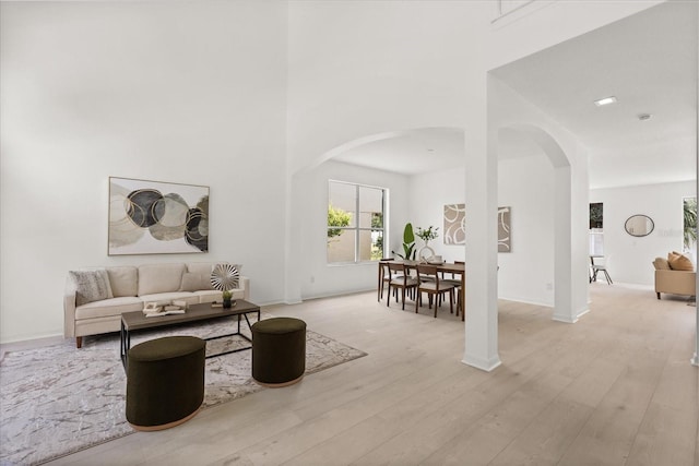 14927 Faversham Cir, Orlando, FL 32826 - living area featuring arched walkways, light wood-style flooring, a high ceiling, and baseboards