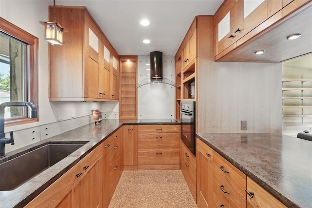 6327 Ridgeberry Dr, Orlando, FL 32819 - kitchen with black oven, glass insert cabinets, pendant lighting, dark stone counters, and recessed lighting