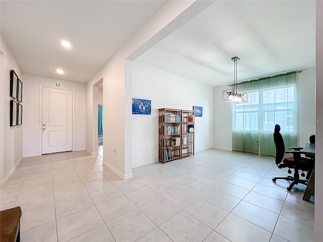 15865 Bradicks Ct, Clermont, FL 34711 - home office with light tile patterned floors, a chandelier, baseboards, and recessed lighting
