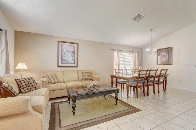 927 Orange Cosmos Blvd, Davenport, FL 33837 - living area with lofted ceiling, light tile patterned flooring, and a chandelier