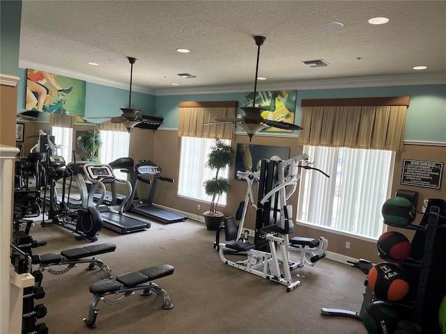 927 Orange Cosmos Blvd, Davenport, FL 33837 - exercise room featuring a textured ceiling, ornamental molding, healthy amount of natural light, and carpet flooring