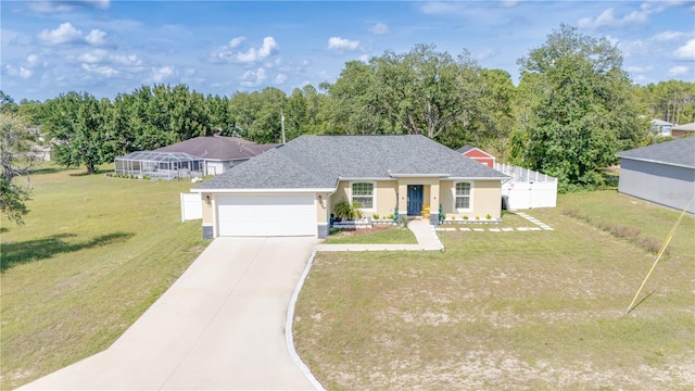 15303 SW 52nd Cir, Ocala, FL 34473 - ranch-style house with concrete driveway, a garage, a front yard, and stucco siding