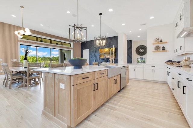 13791 Abberwick Dr, Orlando, FL 32832 - kitchen with a chandelier, light brown cabinets, a sink, open shelves, and recessed lighting