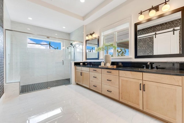 13791 Abberwick Dr, Orlando, FL 32832 - bathroom featuring marble look tile flooring, a marble finish shower, double vanity, and recessed lighting