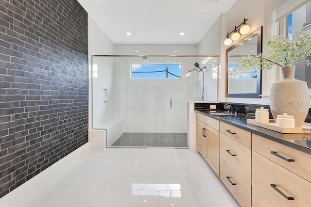 13791 Abberwick Dr, Orlando, FL 32832 - bathroom with a shower stall, vanity, and marble finish floors