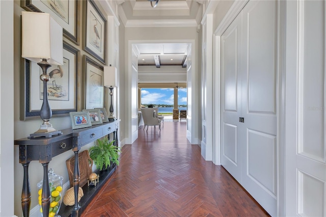 10845 Bayshore Dr, Windermere, FL 34786 - corridor with crown molding, baseboards, a water view, and recessed lighting