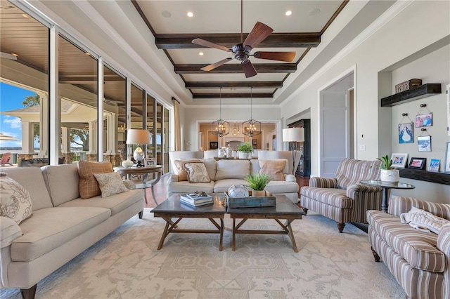 10845 Bayshore Dr, Windermere, FL 34786 - living area with coffered ceiling, beamed ceiling, a ceiling fan, a chandelier, and recessed lighting