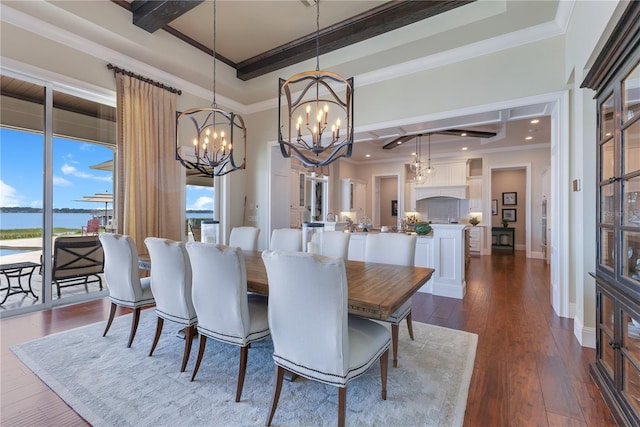 10845 Bayshore Dr, Windermere, FL 34786 - dining room with a chandelier, crown molding, and dark wood-style floors