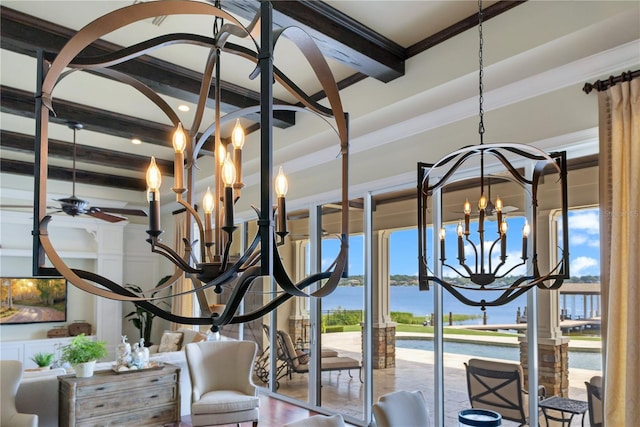 10845 Bayshore Dr, Windermere, FL 34786 - detailed view of a chandelier, a nearby body of water, beam ceiling, and ornamental molding
