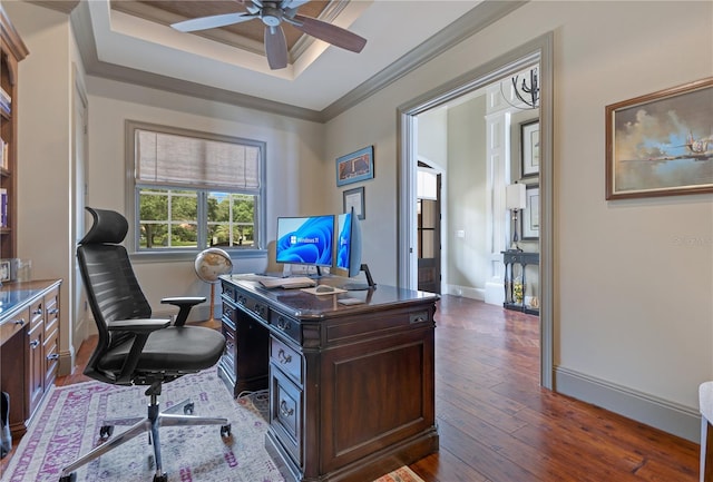 10845 Bayshore Dr, Windermere, FL 34786 - office featuring a ceiling fan, baseboards, dark wood-style floors, a tray ceiling, and crown molding
