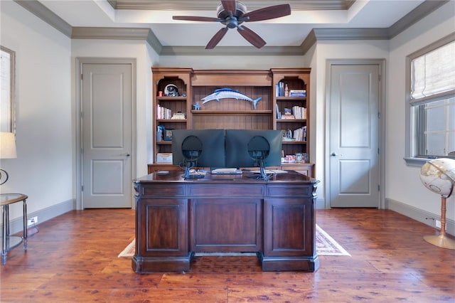 10845 Bayshore Dr, Windermere, FL 34786 - office area featuring baseboards, ceiling fan, ornamental molding, wood finished floors, and a tray ceiling