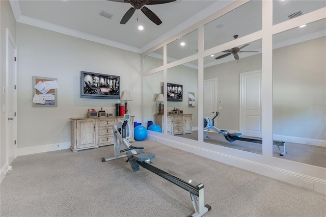 10845 Bayshore Dr, Windermere, FL 34786 - exercise area featuring ceiling fan, recessed lighting, baseboards, and crown molding