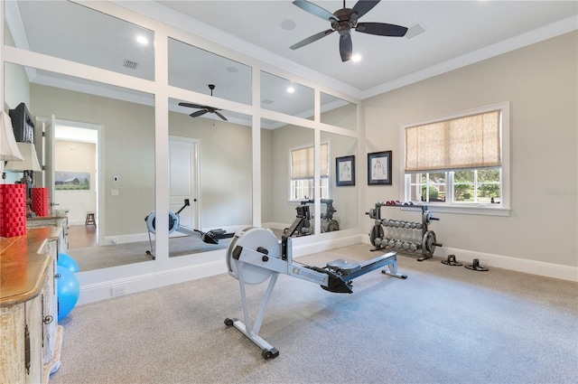 10845 Bayshore Dr, Windermere, FL 34786 - workout area featuring ceiling fan, baseboards, recessed lighting, carpet floors, and crown molding