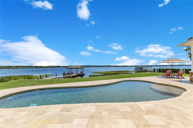 10845 Bayshore Dr, Windermere, FL 34786 - outdoor pool featuring a water view, a patio area, a lawn, and boat lift