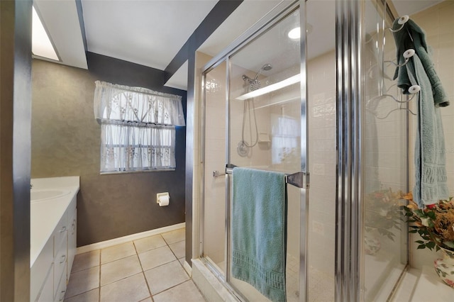 1074 Kensington Park Ct Unit 101, Altamonte Springs, FL 32714 - bathroom featuring vanity, a stall shower, tile patterned flooring, and baseboards