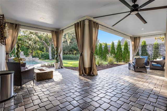 190 Osprey Hammock Trl, Sanford, FL 32771 - view of patio / terrace with a ceiling fan, an outdoor fire pit, and an outdoor pool