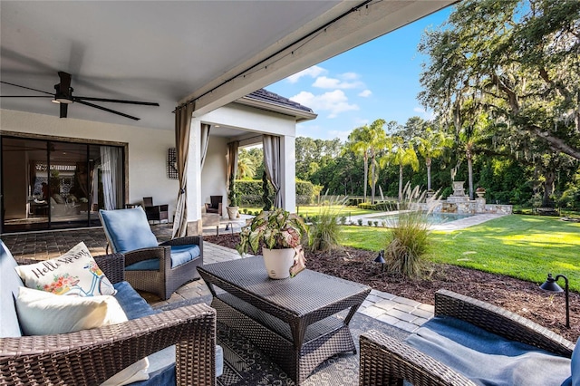 190 Osprey Hammock Trl, Sanford, FL 32771 - view of patio / terrace with outdoor lounge area, a ceiling fan, an outdoor pool, and view of wooded area