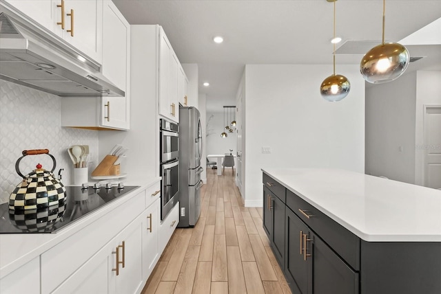5700 Iron Brand Rd, Saint Cloud, FL 34771 - kitchen featuring under cabinet range hood, stainless steel appliances, white cabinetry, tasteful backsplash, and a kitchen island