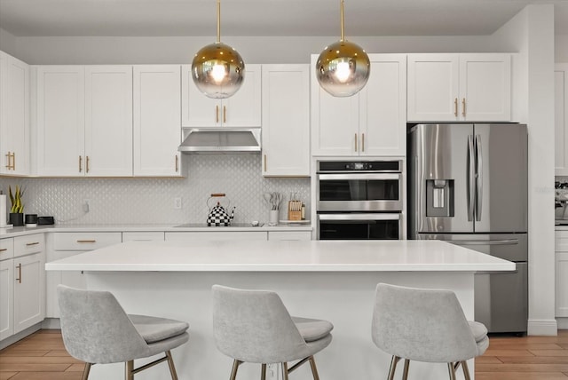 5700 Iron Brand Rd, Saint Cloud, FL 34771 - kitchen featuring stainless steel appliances, under cabinet range hood, light wood-style floors, and tasteful backsplash