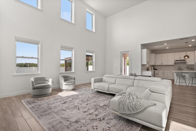 5700 Iron Brand Rd, Saint Cloud, FL 34771 - living room featuring a towering ceiling, light wood-style flooring, and baseboards