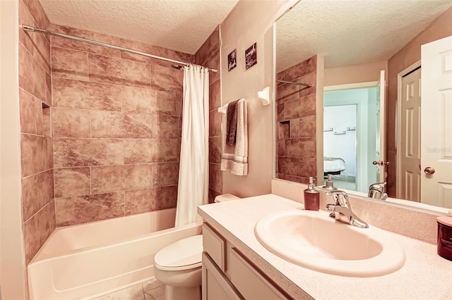 156 Carrera Ave, Davenport, FL 33897 - bathroom with a textured ceiling, toilet, shower / bathtub combination with curtain, vanity, and tile patterned flooring