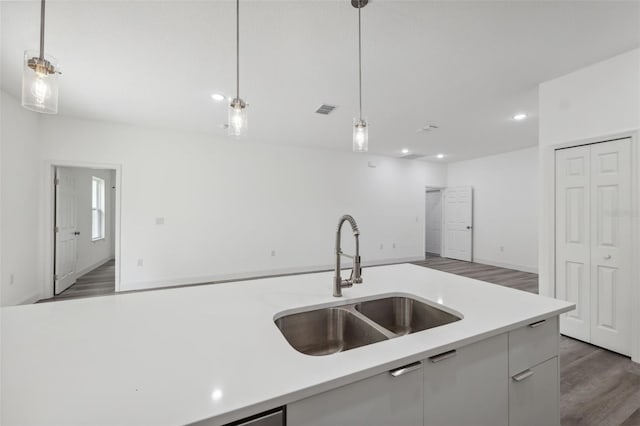 6062 SW 154th Pl, Ocala, FL 34473 - kitchen featuring a sink, wood finished floors, light countertops, hanging light fixtures, and recessed lighting