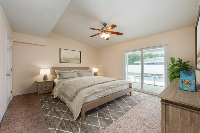 1470 Winston Rd, Maitland, FL 32751 - bedroom with access to exterior, dark carpet, lofted ceiling, a ceiling fan, and baseboards
