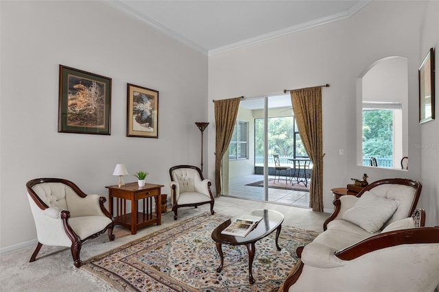 2026 Winding Oaks Dr, Orlando, FL 32825 - living area with arched walkways, light colored carpet, ornamental molding, and baseboards