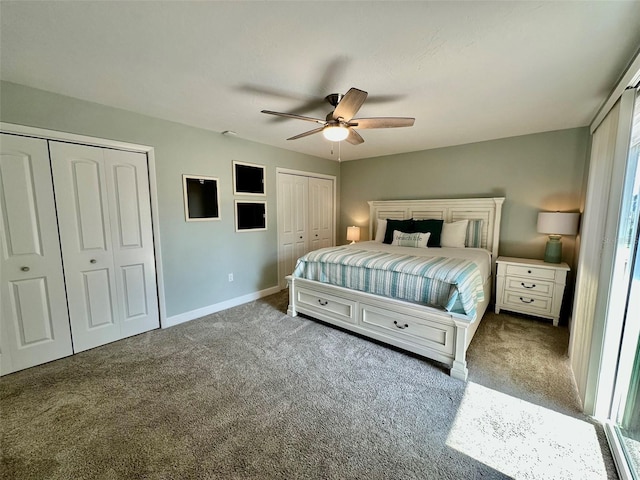 200 S Banana River Blvd Unit 703, Cocoa Beach, FL 32931 - carpeted bedroom featuring two closets, baseboards, and ceiling fan