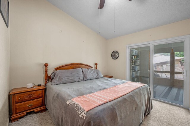 3362 Partridge St, Deltona, FL 32738 - bedroom with light colored carpet, access to exterior, vaulted ceiling, a ceiling fan, and a textured ceiling